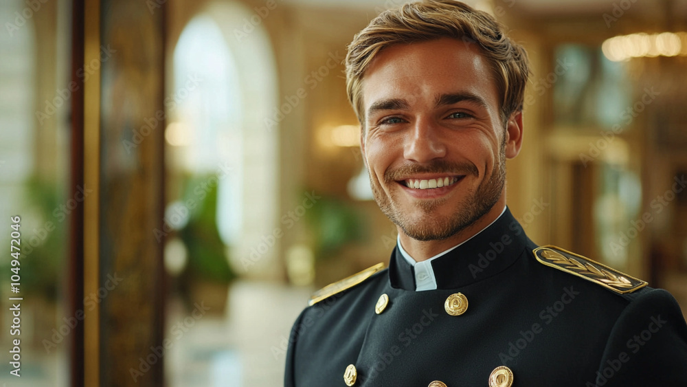 Caucasian Man Concierge - smiling man, uniform, military style, portrait, elegance, hotel staff, professional attire, happy expression, luxury interior, young adult Caucasian Man Concierge - smiling man, uniform, military style, portrait, elegance, hotel staff, professional attire, happy expression, luxury interior, young adult
