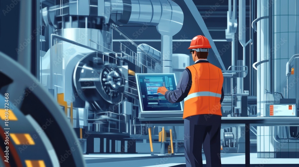 Naklejka premium Digital twins: Engineer working with digital twins of industrial machines