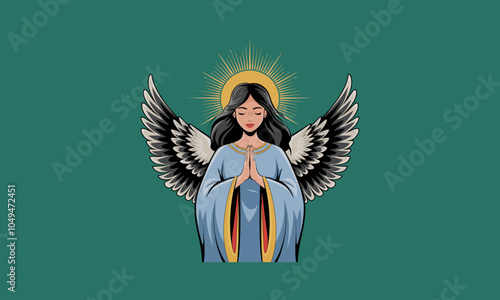 Elegant angel with folded hands, wings, and glowing halo.