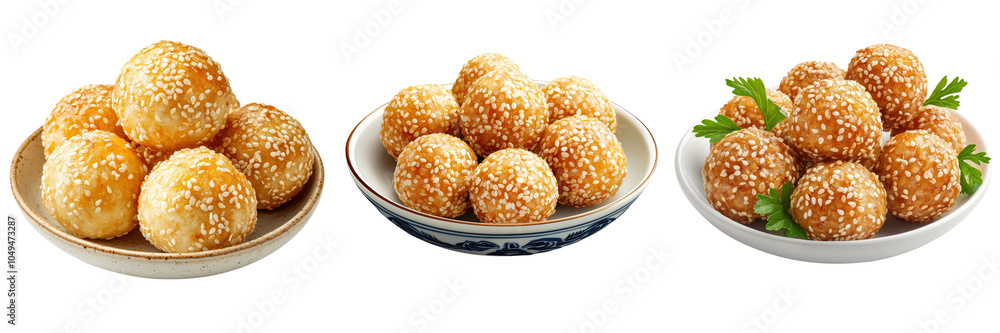Delicious sesame balls with red bean filling, collection, clipart, isolated on transparent background. Delicious sesame balls with red bean filling, collection, clipart, isolated on transparent background.