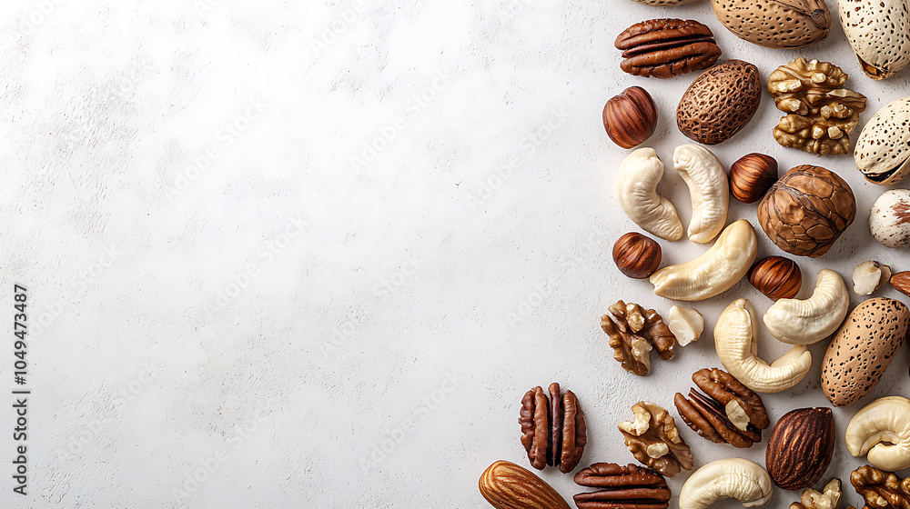 Obraz premium Assorted nuts arranged on a light background