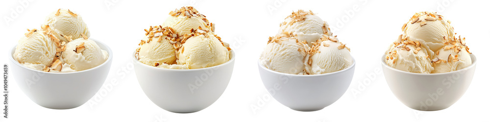 Delicious coconut ice cream delight with toasted flakes, collection, clipart, isolated on transparent background. Delicious coconut ice cream delight with toasted flakes, collection, clipart, isolated on transparent background.