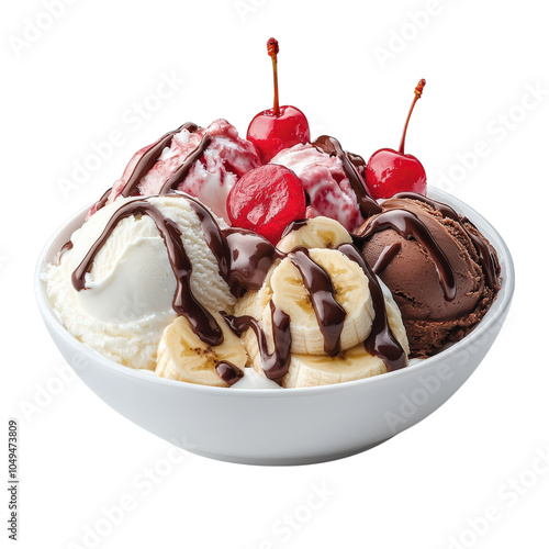 Deliciously indulgent banana split delight, clipart, isolated on transparent background.