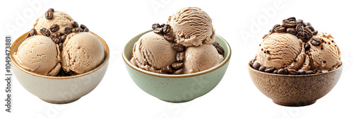 Indulgent espresso ice cream delight with coffee beans, collection, clipart, isolated on transparent background. photo