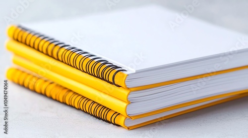 A set of spiral notebooks arranged neatly on a clean white surface, soft lighting, 3D textures, closeup photo