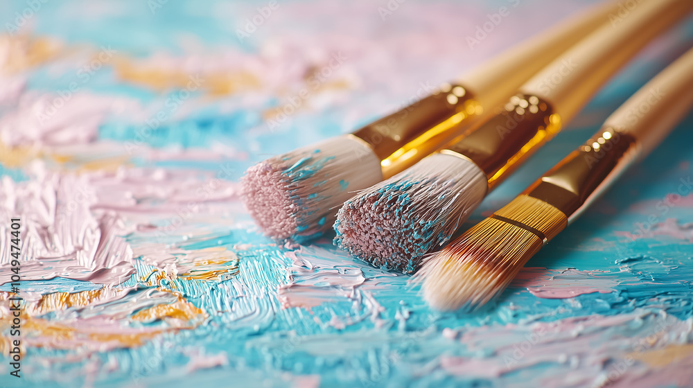 Fototapeta premium Artist's brushes with vibrant paint on a textured backdrop highlight tools of creativity and expression