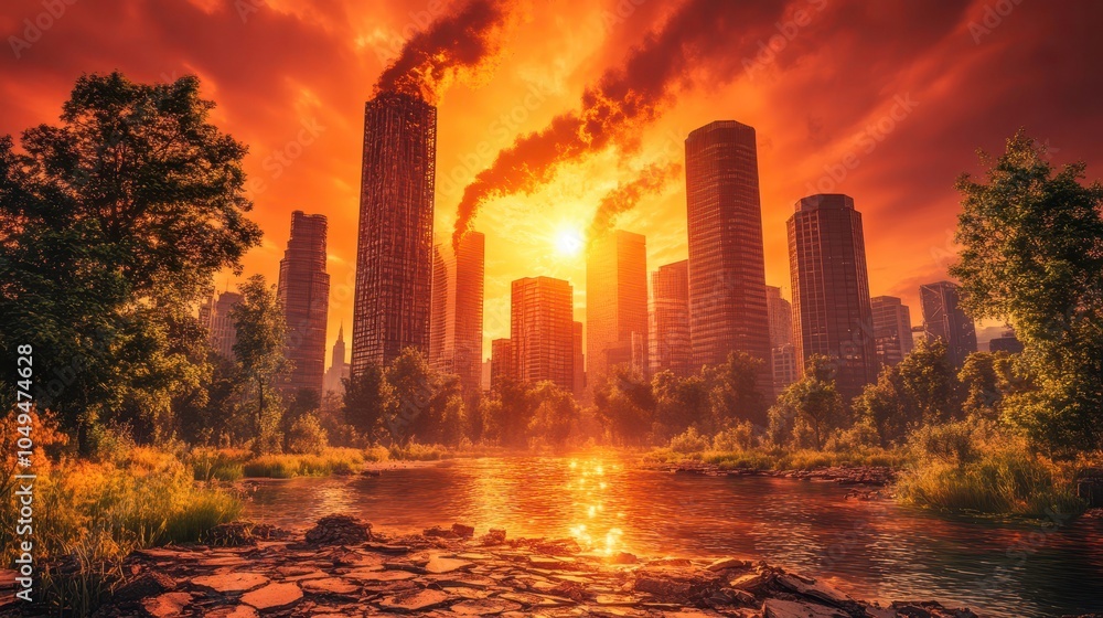 Fototapeta premium Stunning sunset over a cityscape nature meets urban architecture in a fiery display of color