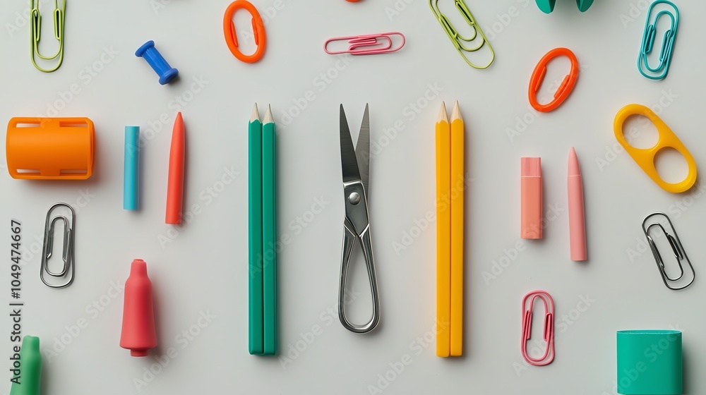 Floating scissors, glue sticks, and paper clips arranged creatively, casting shadows on a white surface, 3D detail Floating scissors, glue sticks, and paper clips arranged creatively, casting shadows on a white surface, 3D detail