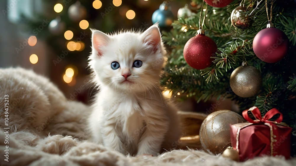 Christmas Kitten, Adorable Kitten by Christmas Tree Christmas Kitten, Adorable Kitten by Christmas Tree
