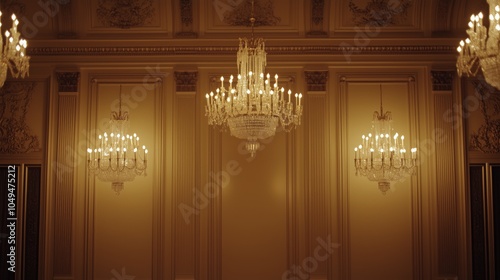 Elegant chandeliers illuminating ornate cream wall luxurious foyer setting. AI generated