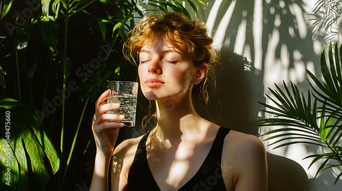 Serene woman enjoying a glass of water amidst lush greenery photo