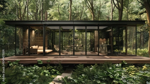 Modern Glass Cabin Surrounded by Lush Green Forest