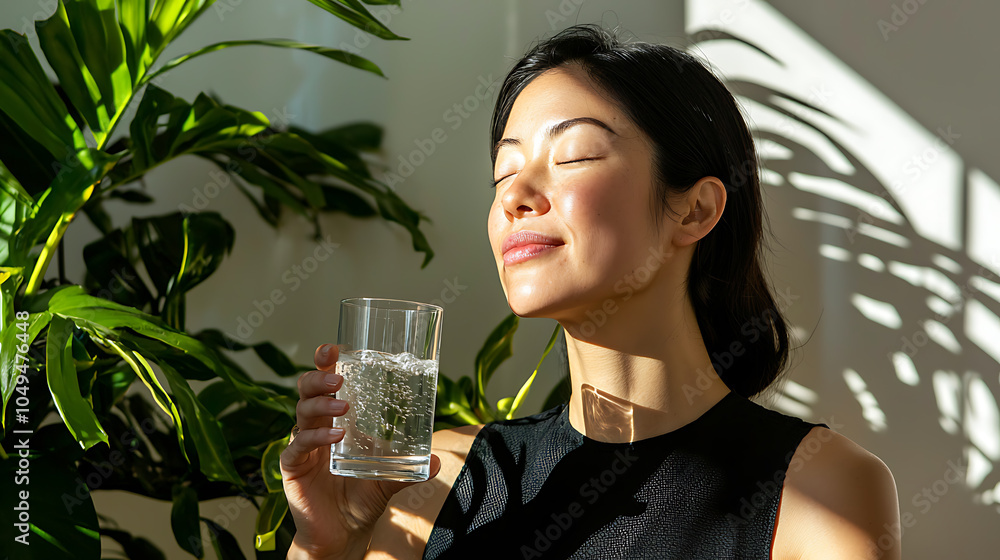 Woman enjoying refreshing water in a sunlit indoor setting Woman enjoying refreshing water in a sunlit indoor setting