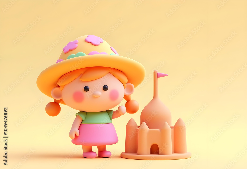 Naklejka premium cheerful cartoon character of little girl with orange hair wearing colorful hat stands beside sandcastle. bright colors and playful design evoke sense of joy and creativity
