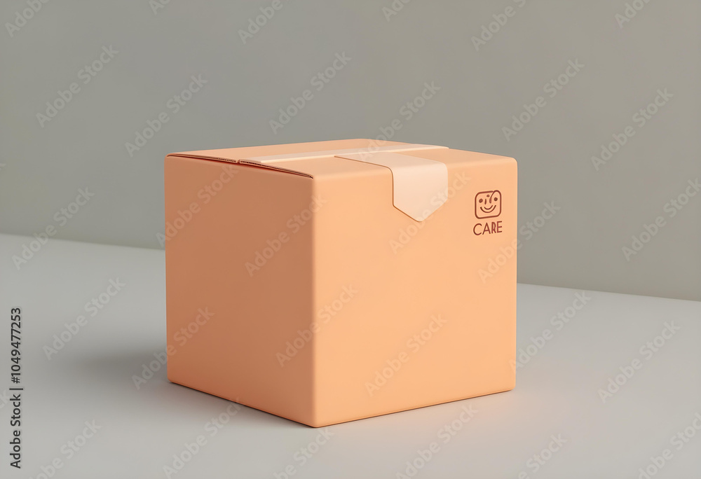 Obraz premium closed cardboard box in soft peach color, featuring simple design with smiley face and word CARE on front. This box represents thoughtful packaging and delivery