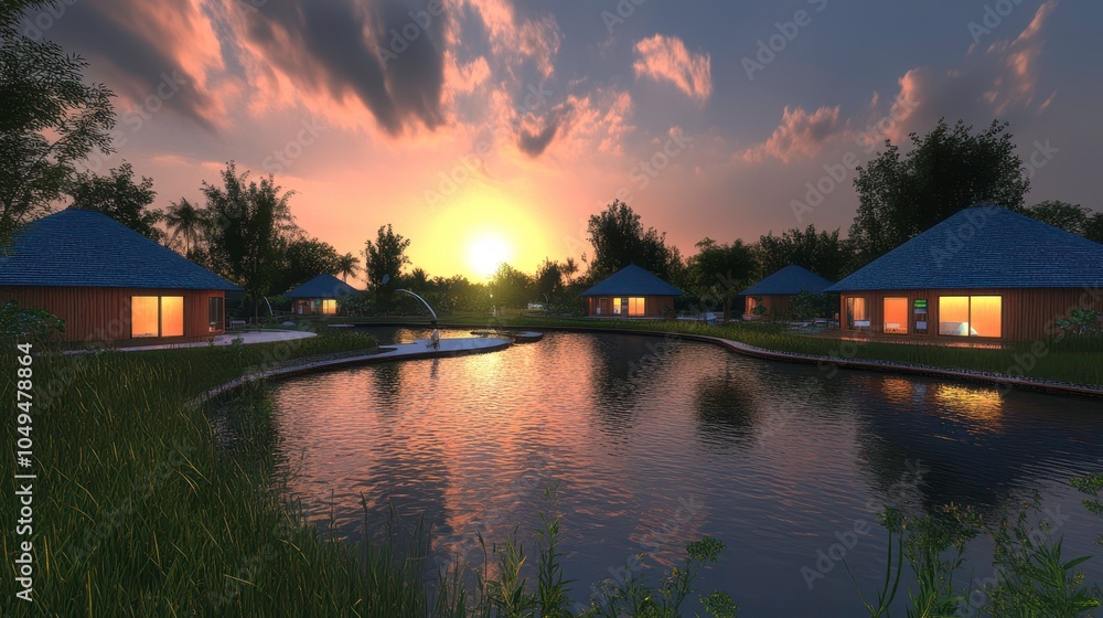 Obraz premium Experience tranquility as the sun sets over serene water bungalows nestled in nature's embrace