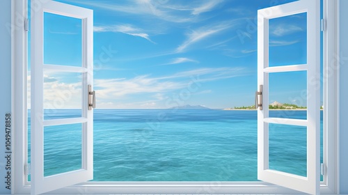 Bright ocean view through open windows with a clear sky and gentle waves in the distance