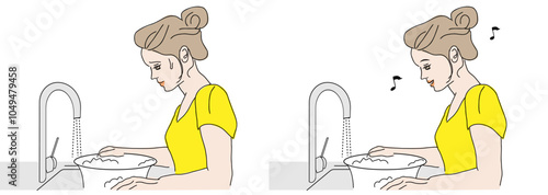 A woman who is tired from doing the dishes. A woman who is cheerful and does the dishes while listening to music.