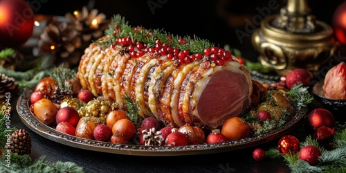 a platt of meat and fruit on a table photo