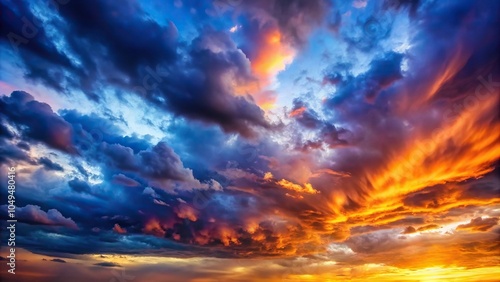 Dramatic layered sky with deep blues, grays, and purples, contrasting with vibrant white clouds and bold orange sunlit streaks, sunset, dramatic, contrasting