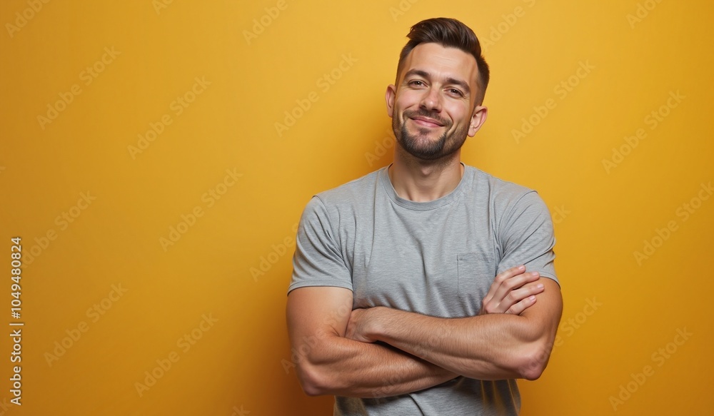 Man with confident smile posing with crossed arms against yellow background with copy space Man with confident smile posing with crossed arms against yellow background with copy space