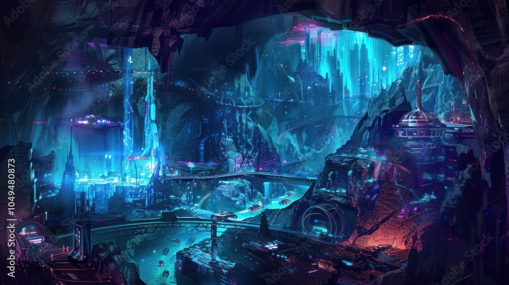 Futuristic Cityscape Within a Cave, Illuminated with Vibrant Neon Lights Futuristic Cityscape Within a Cave, Illuminated with Vibrant Neon Lights