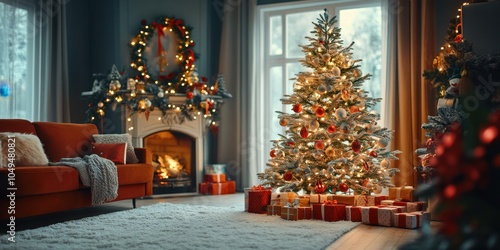 a christmas tree in a living room with presents