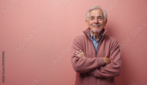 Senior man with cheerful smile posing confidently against pink background with copy space