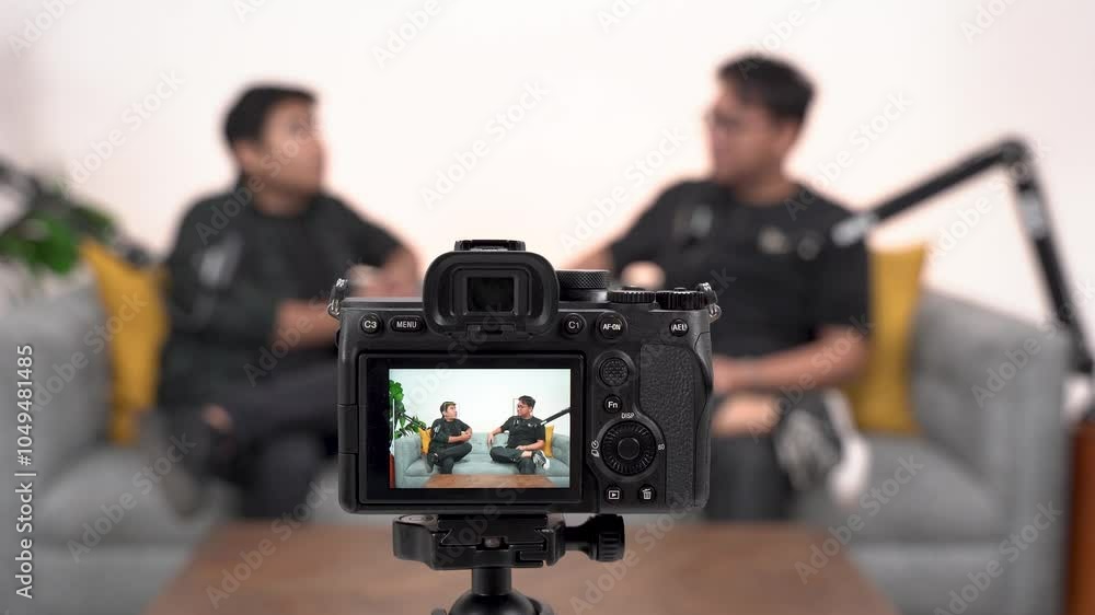 Shooting a podcast in a professional studio. A conversation between two people in front of the camera. Shooting a podcast in a professional studio. A conversation between two people in front of the camera.