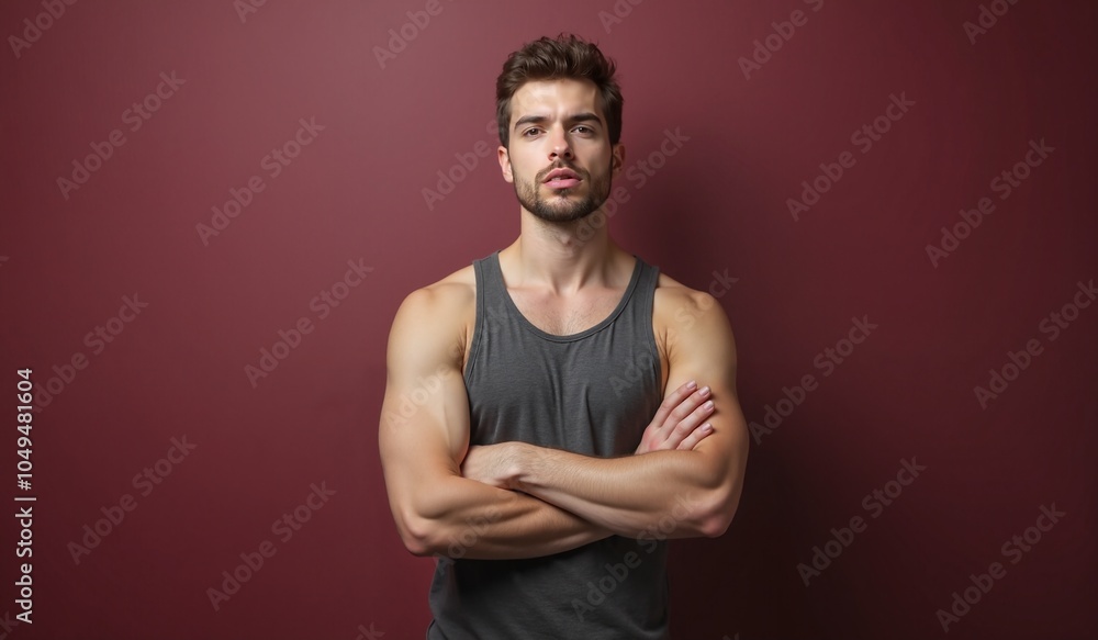Fototapeta premium Confident man with crossed arms posing confidently against burgundy background