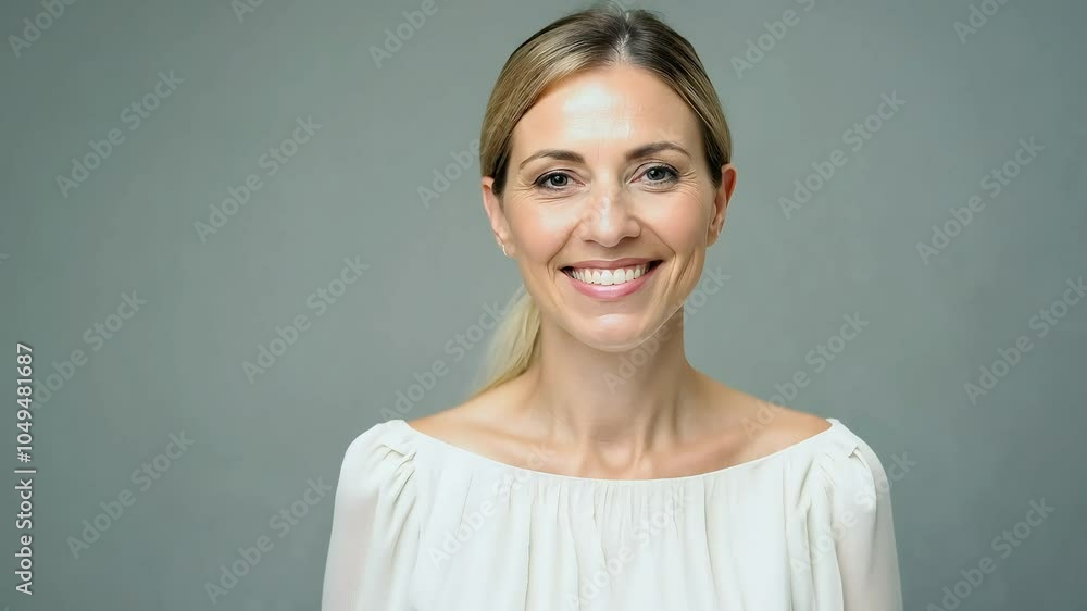 Smiling woman with wavy hair on a soft beige background Smiling woman with wavy hair on a soft beige background
