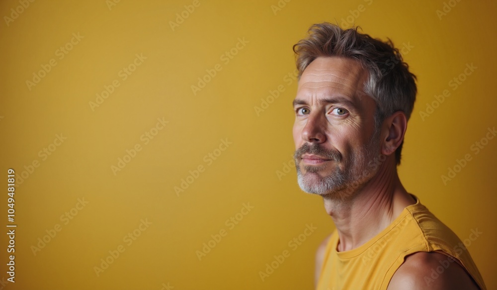 Obraz premium Mature man with thoughtful expression against vibrant yellow background with copy space