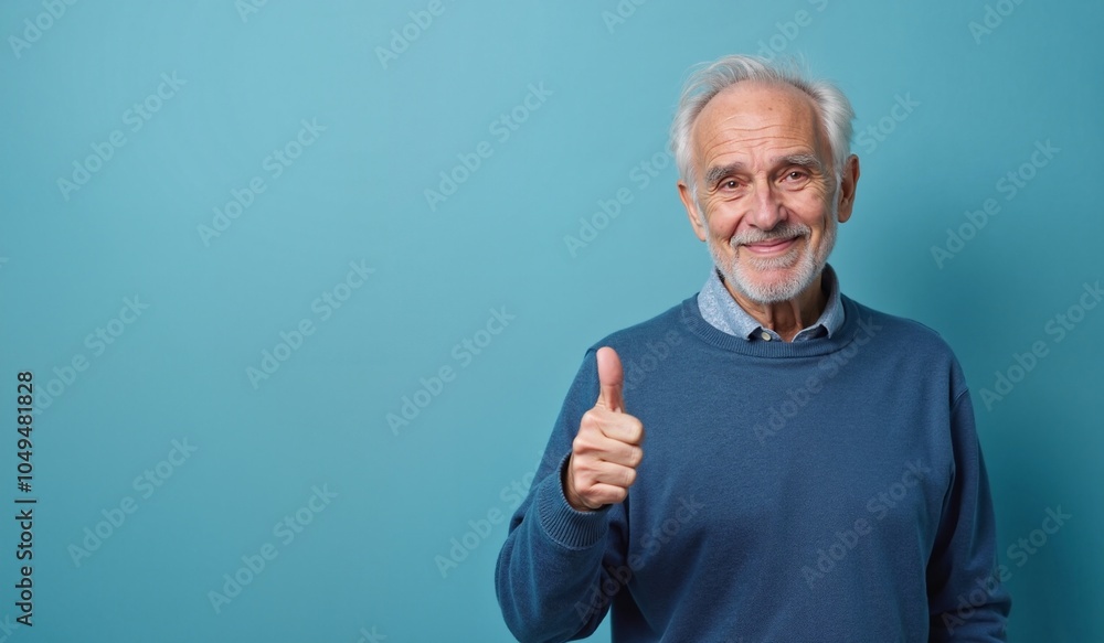 Cheerful Senior Man Giving Thumbs Up Against Turquoise Background with Copy Space Cheerful Senior Man Giving Thumbs Up Against Turquoise Background with Copy Space