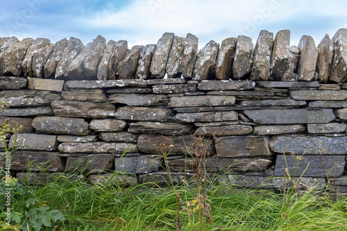 Idyllic full frame texture background of a rustic European stone wall fence with surrounding vegetation