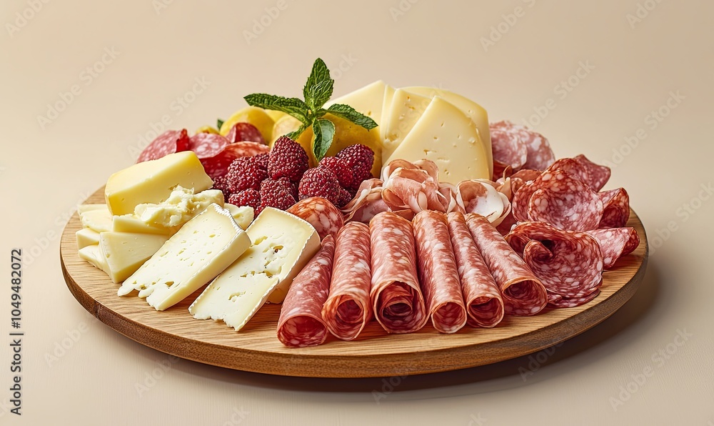A platter of sliced cheese, salami, and raspberries on a wooden board. A platter of sliced cheese, salami, and raspberries on a wooden board.