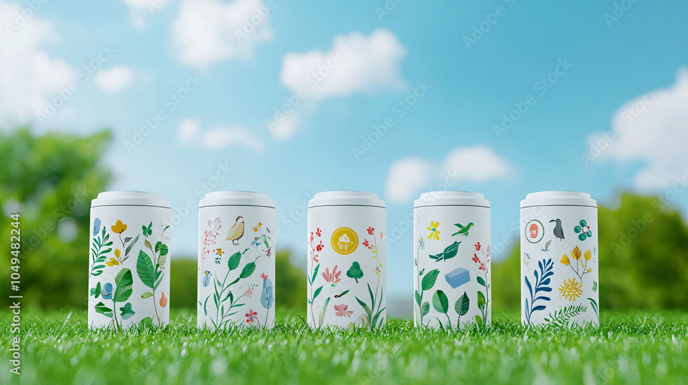 Obraz premium Eco friendly containers with nature themed designs in green field