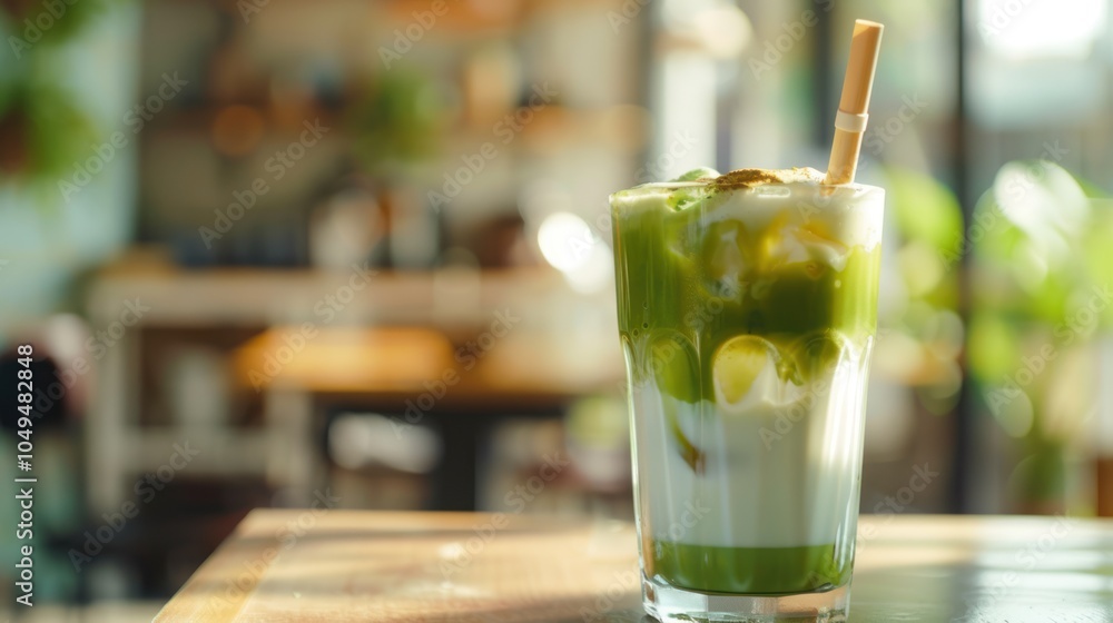 Iced Matcha Latte with a Straw on a Wooden Table Iced Matcha Latte with a Straw on a Wooden Table