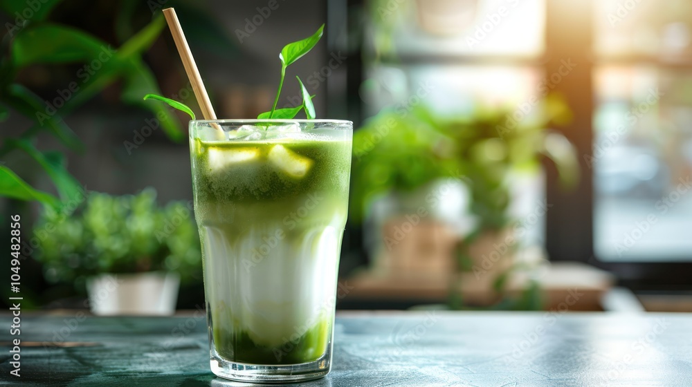 Iced Green Tea Latte with Straw and Garnish Iced Green Tea Latte with Straw and Garnish