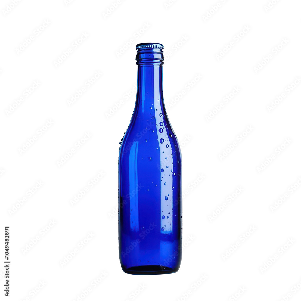Blue glass bottle with water droplets, isolated on transparent background