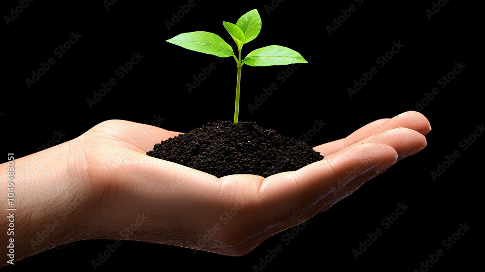 Nurturing small green plant in hand symbolizes growth and care Nurturing small green plant in hand symbolizes growth and care