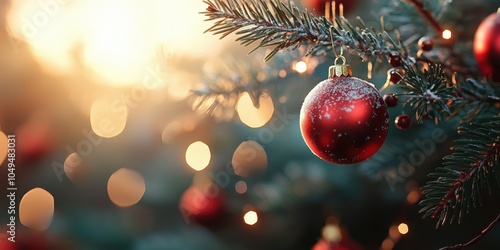 a close up of a christmas tree with a red orname