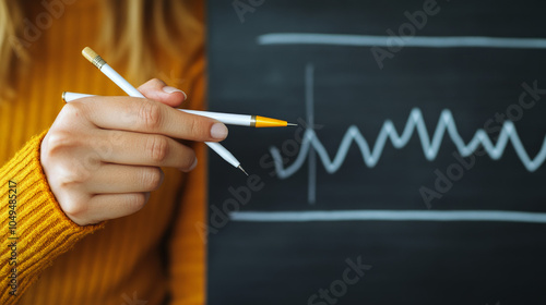 Business Analyst Presenting Data: A close-up of a businesswoman's hand holding a pen, presenting a graph drawn on a chalkboard, symbolizing the essence of analysis, strategy, and decision-making. 