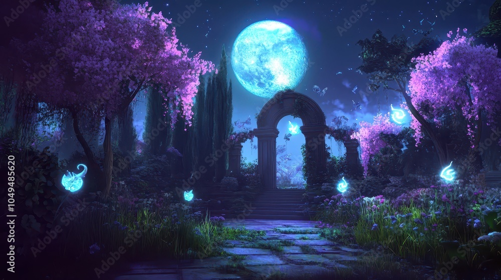 A mystical garden scene illuminated by a large moon, featuring glowing orbs and flowering trees, creating a magical, serene atmosphere. A mystical garden scene illuminated by a large moon, featuring glowing orbs and flowering trees, creating a magical, serene atmosphere.