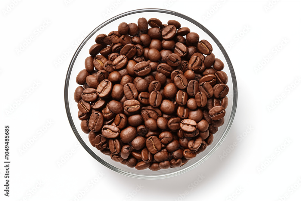 Fototapeta premium Top view of freshly roasted coffee beans in clear glass bowl in rich brown color and textures on white background