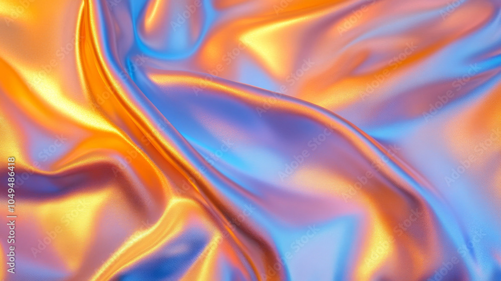 Naklejka premium Vibrant, silky fabric with mesmerizing blend of orange and blue hues creates dynamic, flowing texture. interplay of colors evokes sense of movement and elegance