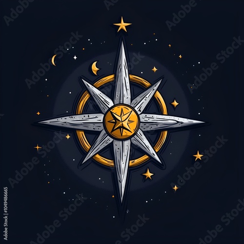 Stylized Celestial Compass Icon in Gold and Silver photo