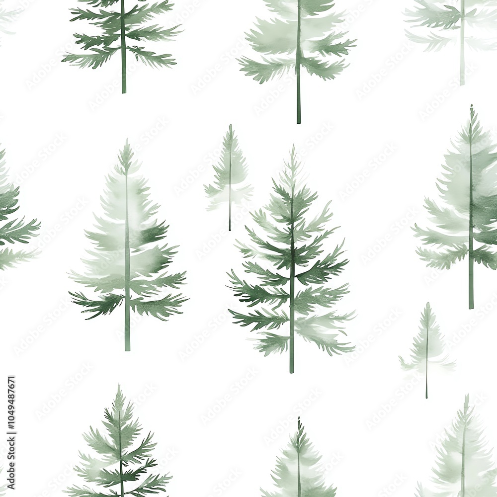Obraz premium Minimalist watercolor fir trees with snow, soft green and white tones, airy composition, seamless repeat