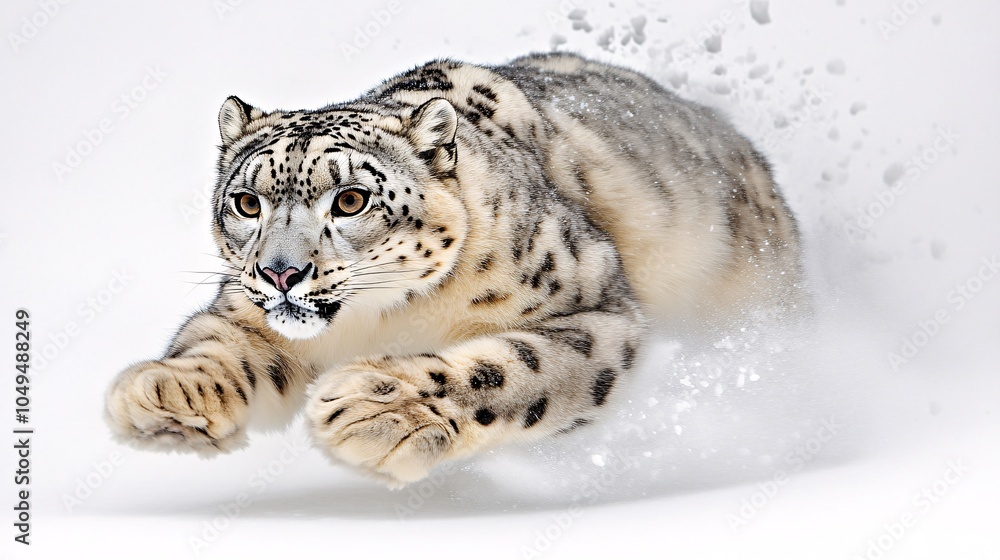 Fototapeta premium Snow Leopard Leaping Through Snow.
