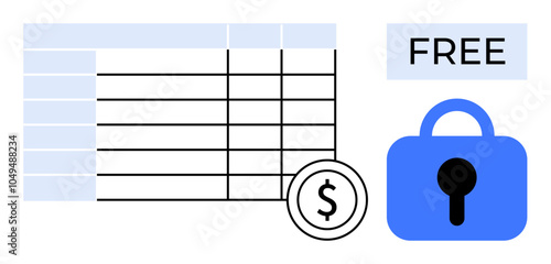A spreadsheet with a dollar symbol and a blue lock representing secure, free financial software. Ideal for finance tracking, software development, budgeting, data security, online transactions. Flat