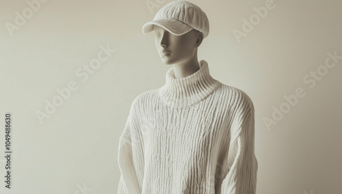 Um manequim estiloso vestindo uma roupa branca texturizada e boné, personificando elegância e moda moderna em um ambiente minimalista. photo